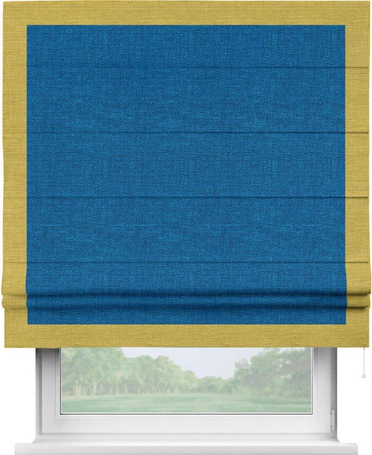 Римская штора «Кортин» с кантом Чесс, для проема, ткань лён синий