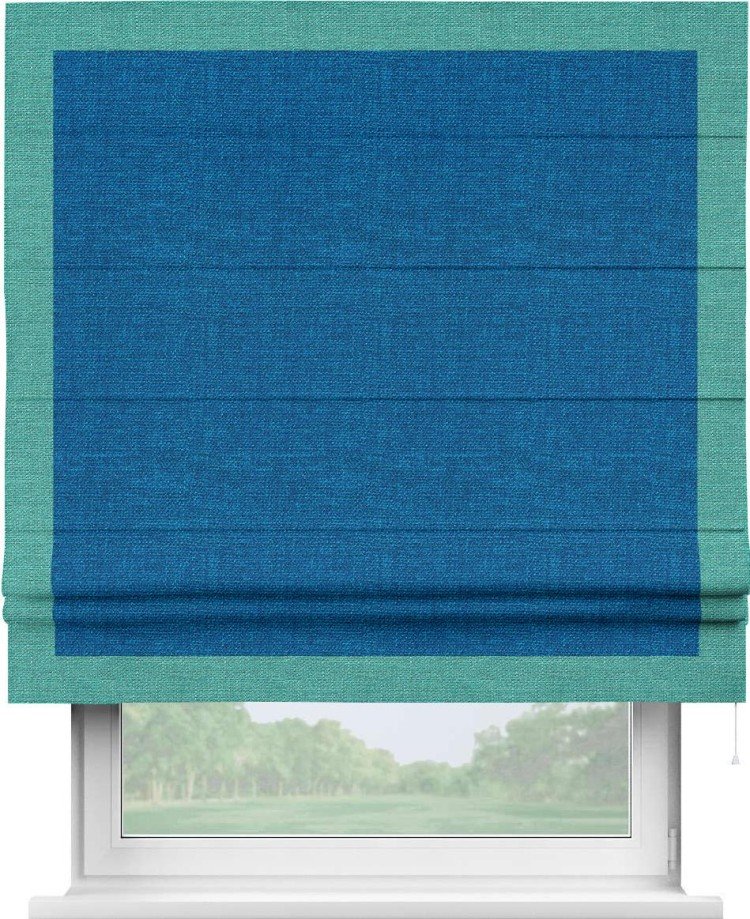 Римская штора «Кортин» с кантом Чесс, для проема, ткань лён синий